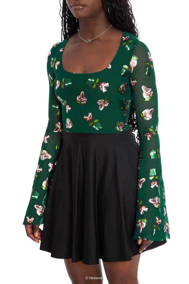 BlackMilk x Super Mario Piranha Plants Sheer Flare Sleeve Top, black sheer top with Piranha Plant graphic and flare sleeves, Super Mario Merchandise, Collaboration apparel, Officially Licensed