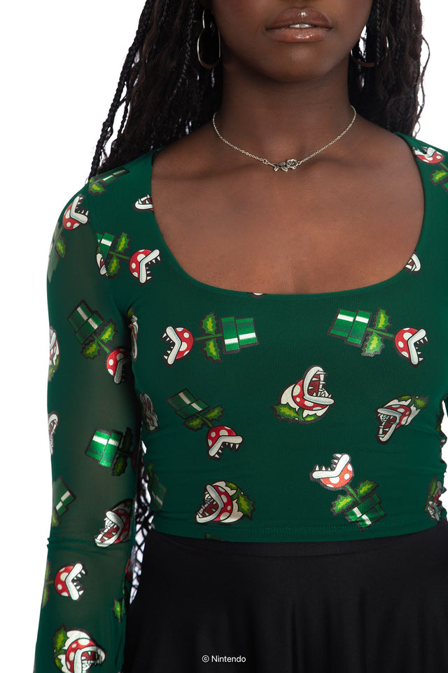 BlackMilk x Super Mario Piranha Plants Sheer Flare Sleeve Top, black sheer top with Piranha Plant graphic and flare sleeves, Super Mario Merchandise, Collaboration apparel, Officially Licensed