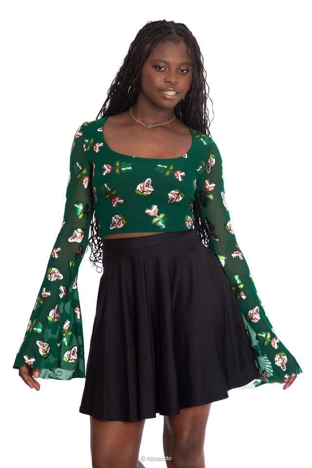 BlackMilk x Super Mario Piranha Plants Sheer Flare Sleeve Top, black sheer top with Piranha Plant graphic and flare sleeves, Super Mario Merchandise, Collaboration apparel, Officially Licensed