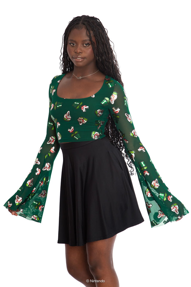 BlackMilk x Super Mario Piranha Plants Sheer Flare Sleeve Top, black sheer top with Piranha Plant graphic and flare sleeves, Super Mario Merchandise, Collaboration apparel, Officially Licensed