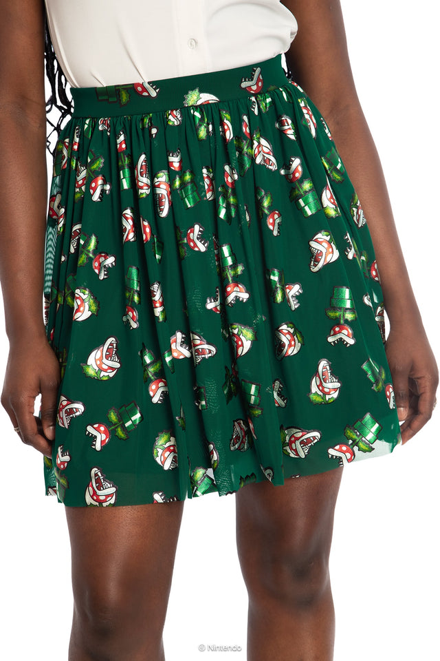 BlackMilk x Super Mario Piranha Plants Sheer Skater Skirt, black sheer skirt with Piranha Plant graphic, Super Mario Merchandise, Collaboration apparel, Officially Licensed