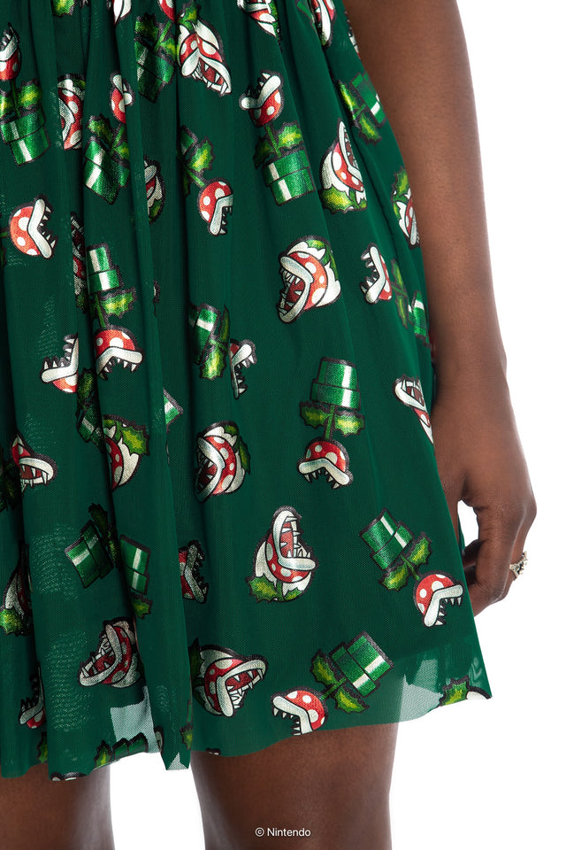 BlackMilk x Super Mario Piranha Plants Sheer Skater Skirt, black sheer skirt with Piranha Plant graphic, Super Mario Merchandise, Collaboration apparel, Officially Licensed