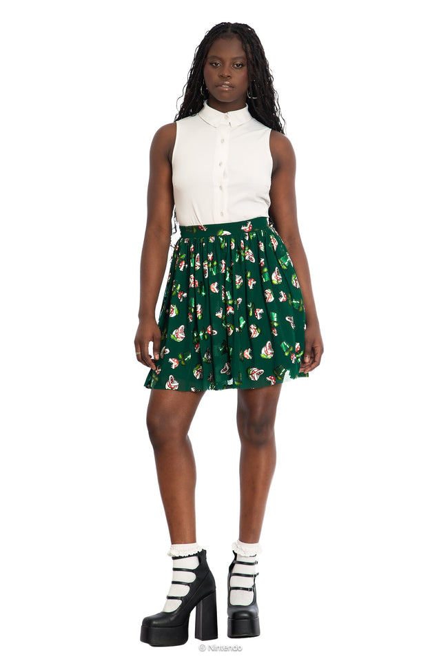 BlackMilk x Super Mario Piranha Plants Sheer Skater Skirt, black sheer skirt with Piranha Plant graphic, Super Mario Merchandise, Collaboration apparel, Officially Licensed