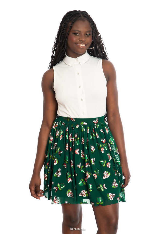 BlackMilk x Super Mario Piranha Plants Sheer Skater Skirt, black sheer skirt with Piranha Plant graphic, Super Mario Merchandise, Collaboration apparel, Officially Licensed