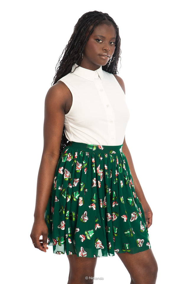 BlackMilk x Super Mario Piranha Plants Sheer Skater Skirt, black sheer skirt with Piranha Plant graphic, Super Mario Merchandise, Collaboration apparel, Officially Licensed