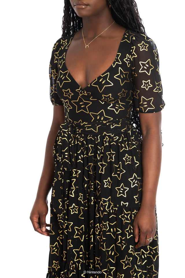 BlackMilk x Super Mario Super Stars Wrap Midaxi Dress, black wrap dress with Super Stars graphic, midaxi length, Super Mario Merchandise, Collaboration apparel, Officially Licensed