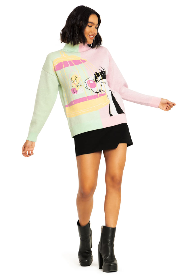 BlackMilk Clothing x Warner Brothers Looney Tunes - Sylvester And Tweety Roll Neck Sweater - Warner Bros. Merchandise - Collaboration apparel - Licenced.