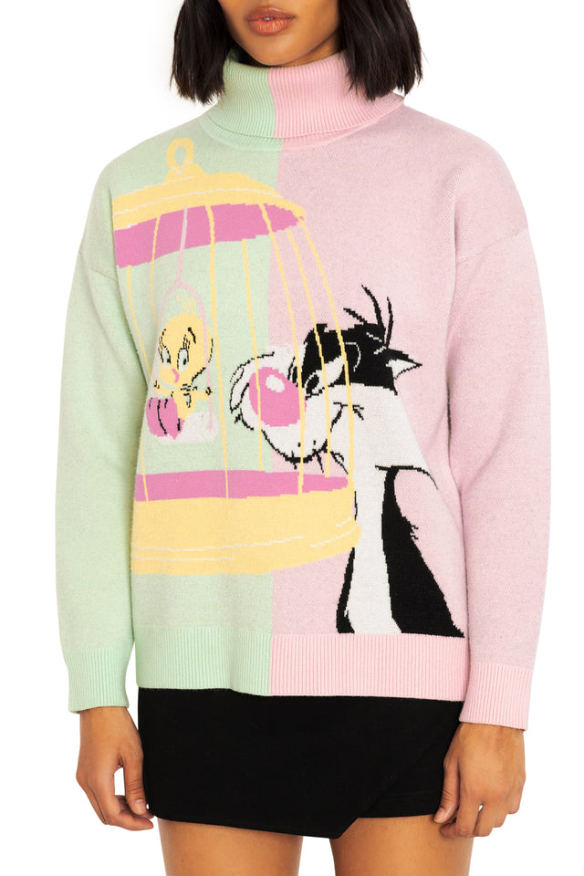 BlackMilk Clothing x Warner Brothers Looney Tunes - Sylvester And Tweety Roll Neck Sweater - Warner Bros. Merchandise - Collaboration apparel - Licenced.