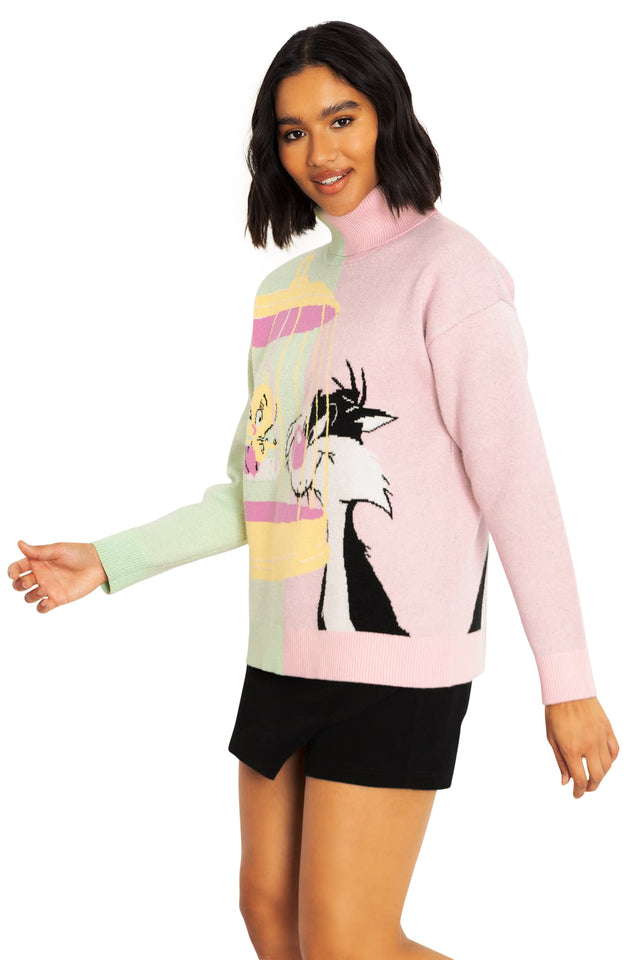 BlackMilk Clothing x Warner Brothers Looney Tunes - Sylvester And Tweety Roll Neck Sweater - Warner Bros. Merchandise - Collaboration apparel - Licenced.