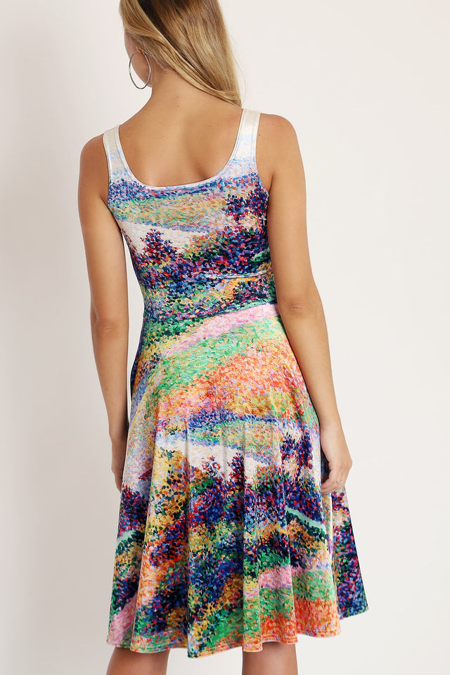 Multicolour velvet midi dress with impressionist style artwork, The Seine At Herblay Velvet Scoop Midi Dress from BlackMilk Clothing, fitted bodice and flowing skirt