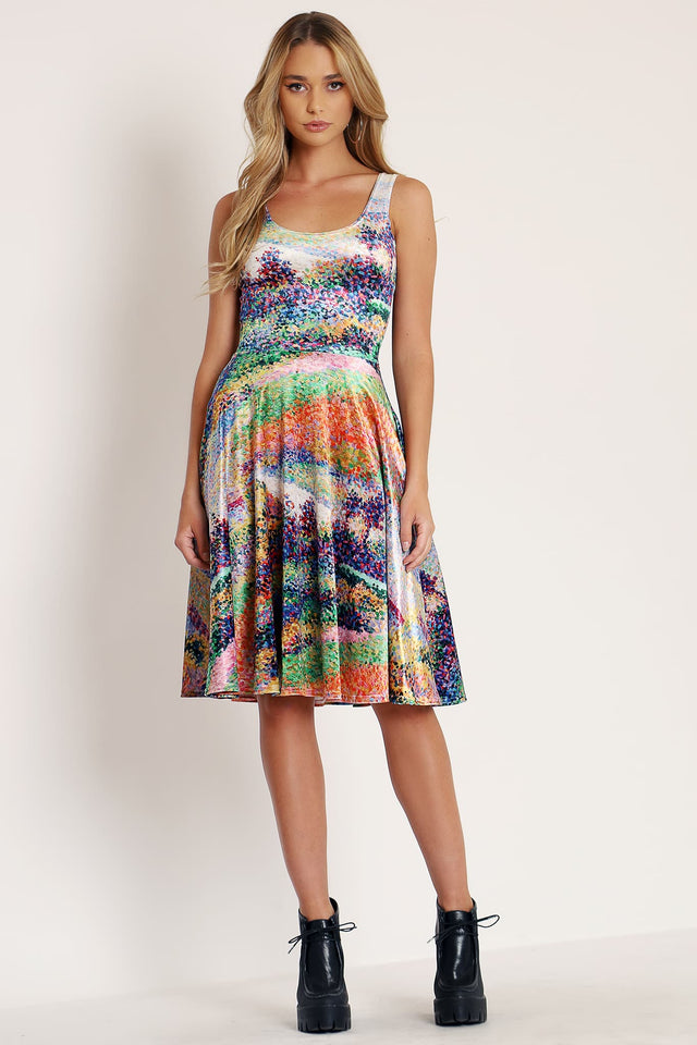 Bring back The Seine At Herblay Velvet Scoop Midi Dress in richly printed velvet, featuring painterly multicolour artwork and classic BlackMilk midi silhouette