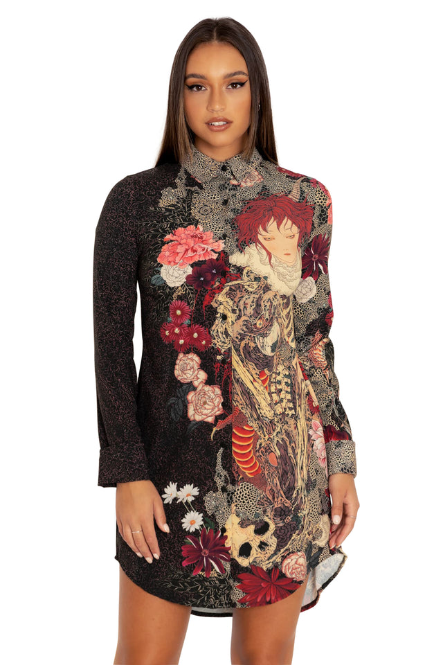 Takato Yamamoto Spirit Of A Dragon Long Sleeve Shirt Dress Closeup