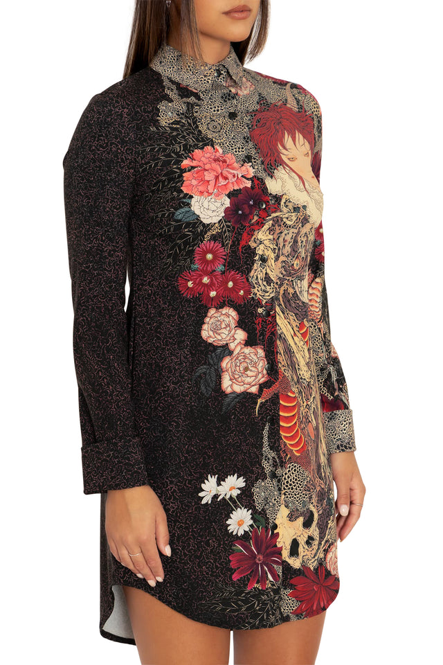 BlackMilk Clothing - Takato Yamamoto Spirit Of A Dragon Long Sleeve Shirt Dress