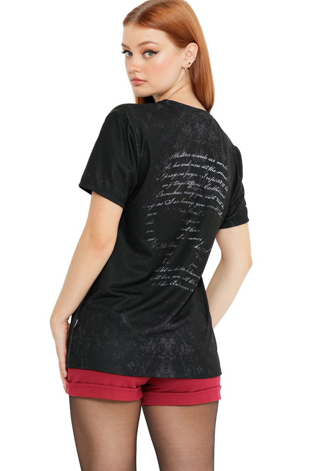 Front view of the Take Any Form Short Sleeve Boyfriend Tee from the Wuthering Heights collection, featuring a black marbled wash fabric and relaxed short sleeve silhouette