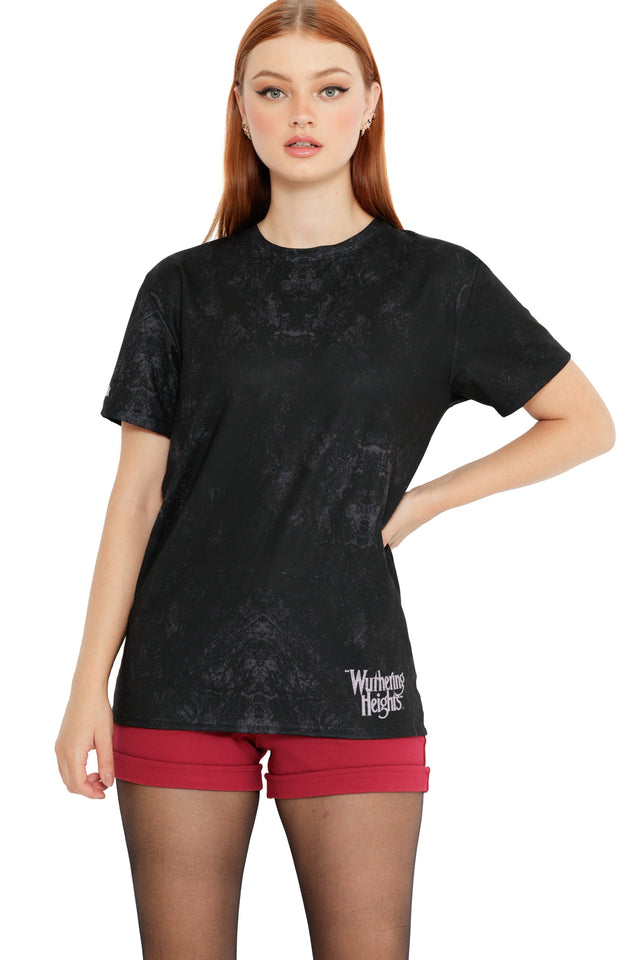 Model wearing the Take Any Form Short Sleeve Boyfriend Tee from the Wuthering Heights collection, a black washed tee with relaxed boyfriend fit and subtle gothic texture