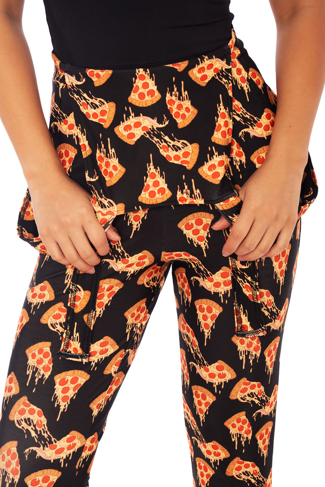 Full-length BlackMilk pizza print overalls showing slim leg fit, adjustable straps and flexible stretch fabric
