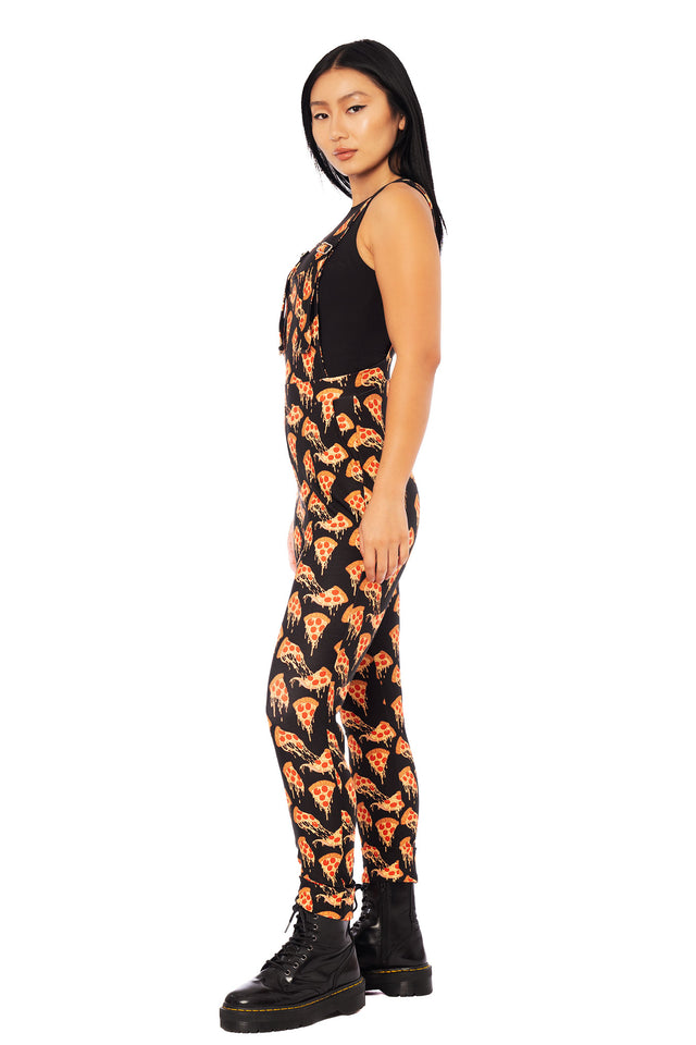Front view of BlackMilk Take a Pizza My Heart overalls highlighting adjustable straps, structured fit and all-over pizza print