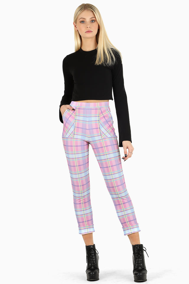 Tartan Candy Cuffed Pants BlackMilk, pastel plaid trousers with cuffed hem, relaxed fit, fleece lined fabric, styled with black top and boots
