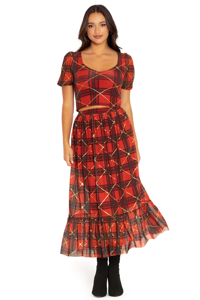 Tartan Gift Wrap Frill Midaxi Skirt Front