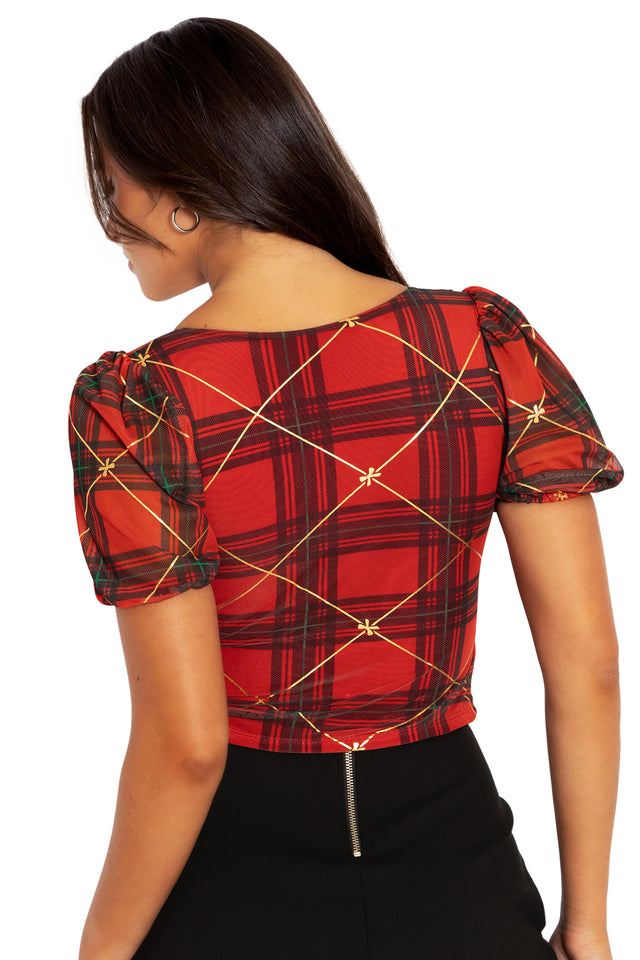 Tartan Gift Wrap Puff Sleeve Sweetheart Top Back