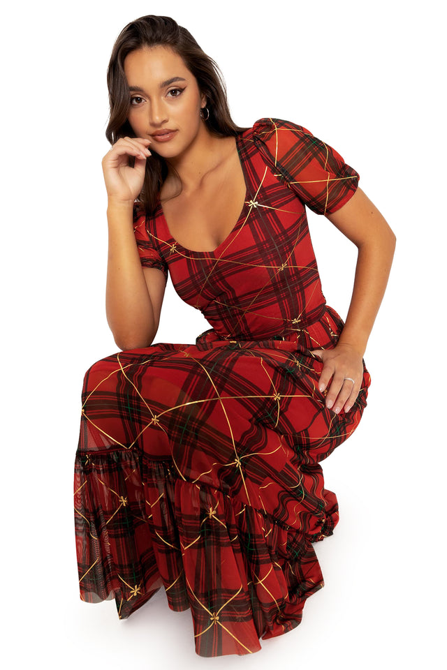 Tartan Gift Wrap Puff Sleeve Sweetheart Top Front 