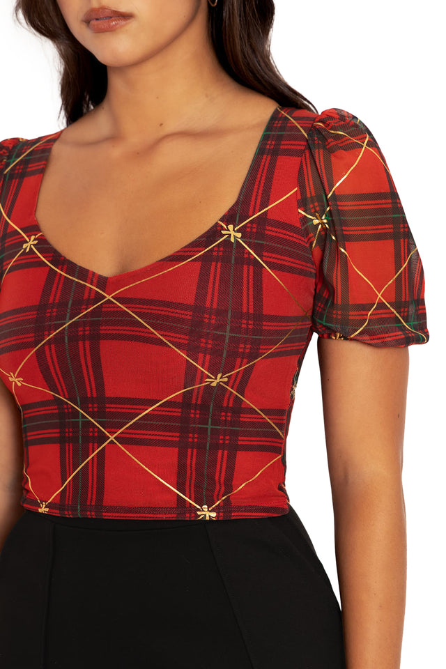 Tartan Gift Wrap Puff Sleeve Sweetheart Top Print