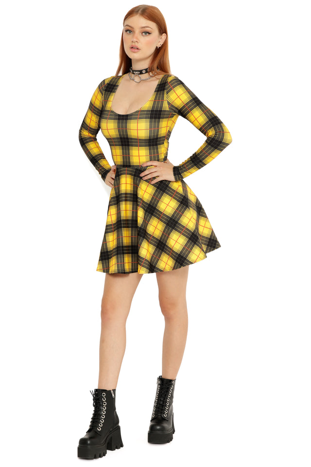 BlackMilk | Tartan Grunge Toastie Long Sleeve Skater Dress | Yellow | M BlackMilk | Tartan Grunge Toastie Long Sleeve Skater Dress | Yellow | M