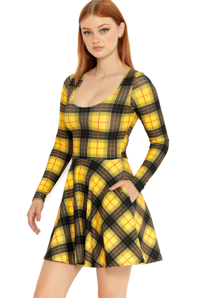 BlackMilk | Tartan Grunge Toastie Long Sleeve Skater Dress | Yellow | M BlackMilk | Tartan Grunge Toastie Long Sleeve Skater Dress | Yellow | M
