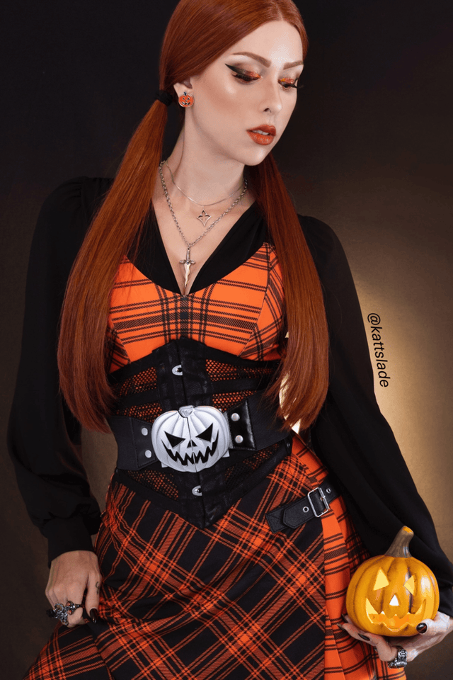 BlackMilk Clothing - Tartan Punk Orange Skater Kilt - Tartan Orange Dark Magic Crop - @kattslade