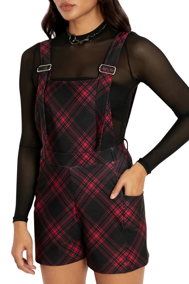 Tartan Punk Red Play Overalls Closeup