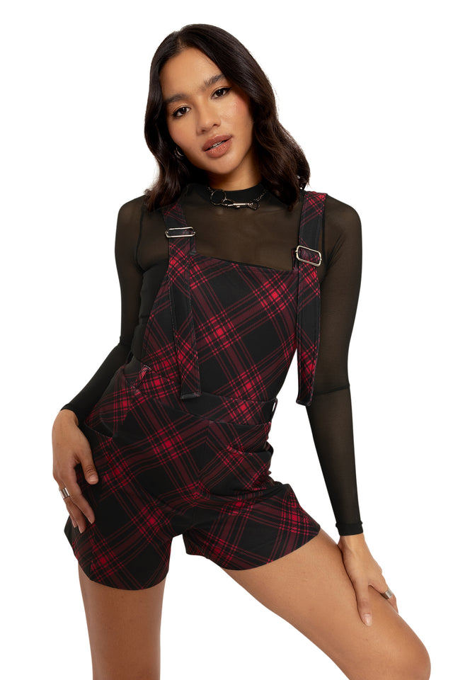 Tartan Punk Red Play Overalls Wide