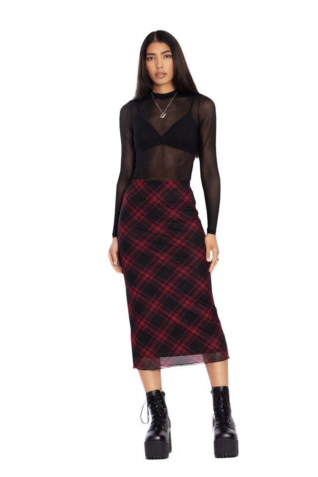 Tartan Punk Red Sheer Midaxi Tube Skirt Front