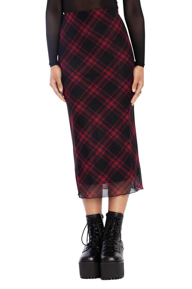 Tartan Punk Red Sheer Midaxi Tube Skirt Front