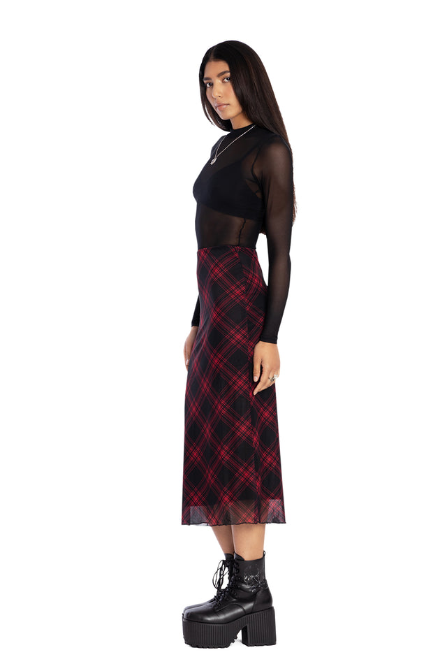 Tartan Punk Red Sheer Midaxi Tube Skirt Side