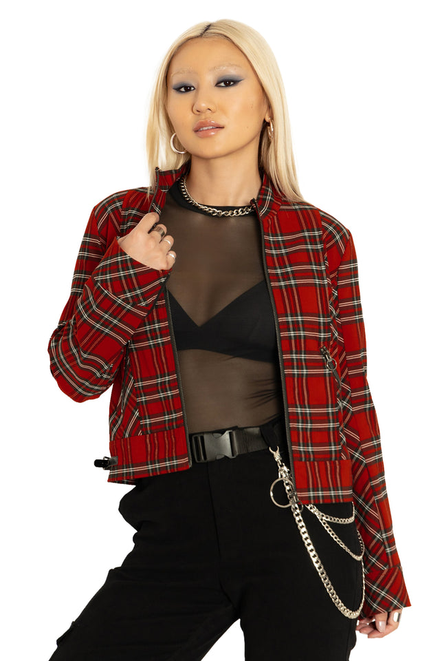BlackMilk Clothing - Tartan Rouge Cropped Buckle Jacket