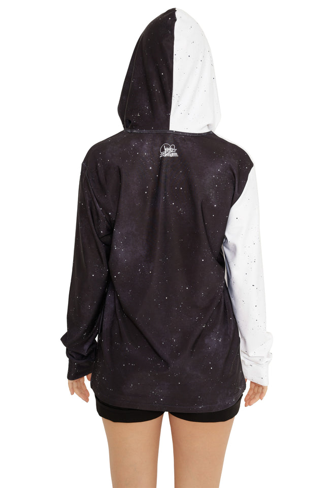 Long sleeve hoodie sweater featuring illustrated wolves in contrasting light and dark tones across the front.