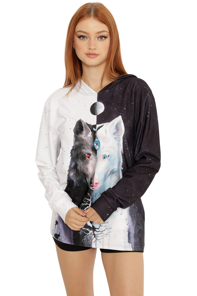 Lora Zombie illustrated hoodie sweater with a relaxed silhouette and striking symmetrical wolf artwork.