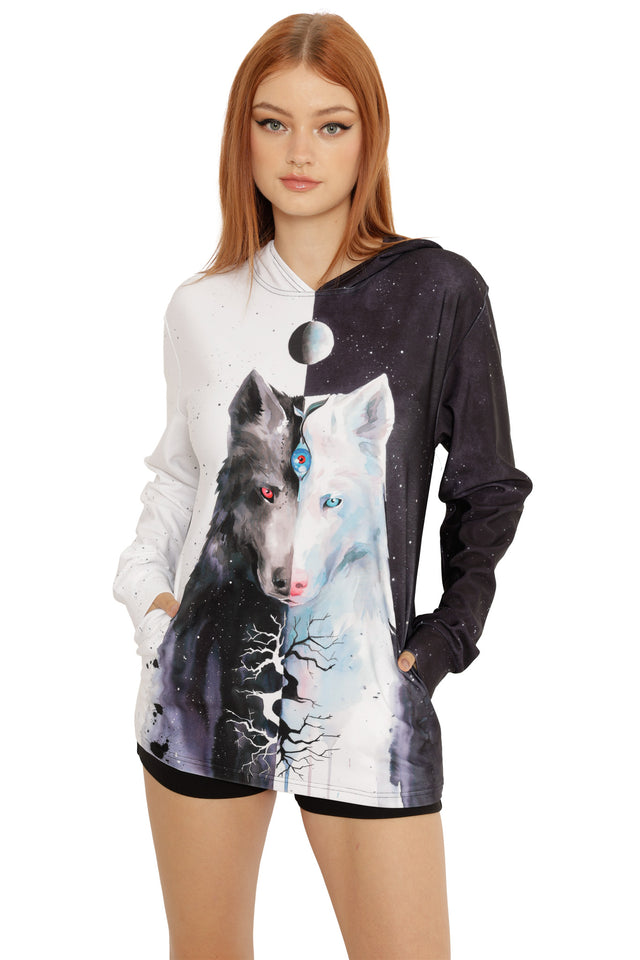 Lora Zombie The Beast Within Hoodie Sweater showcasing long sleeves, a relaxed fit, and a bold dual wolf illustration.