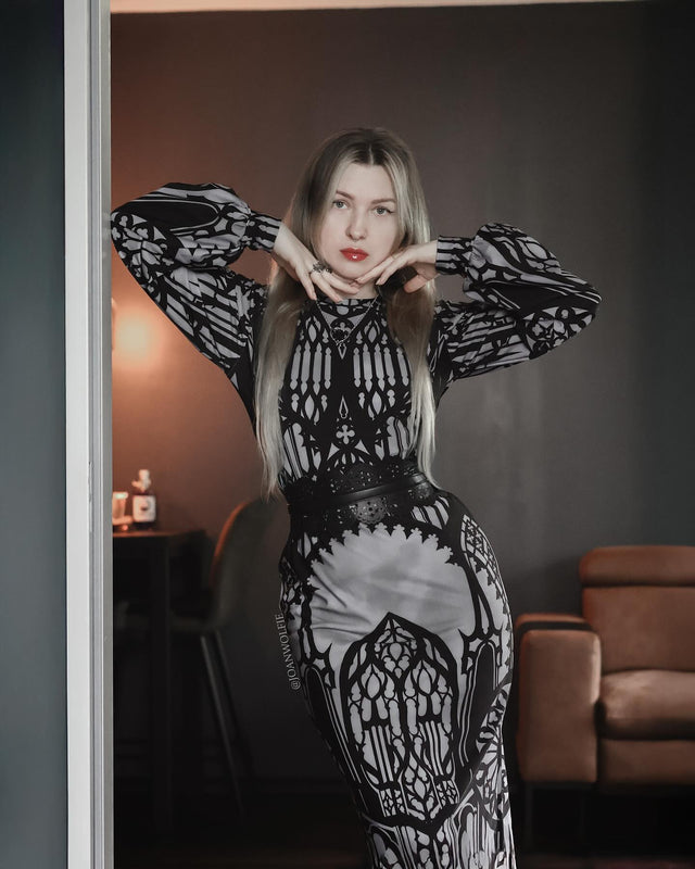 The Cathedral's Veil Long Sleeve Bishop Midaxi Dress