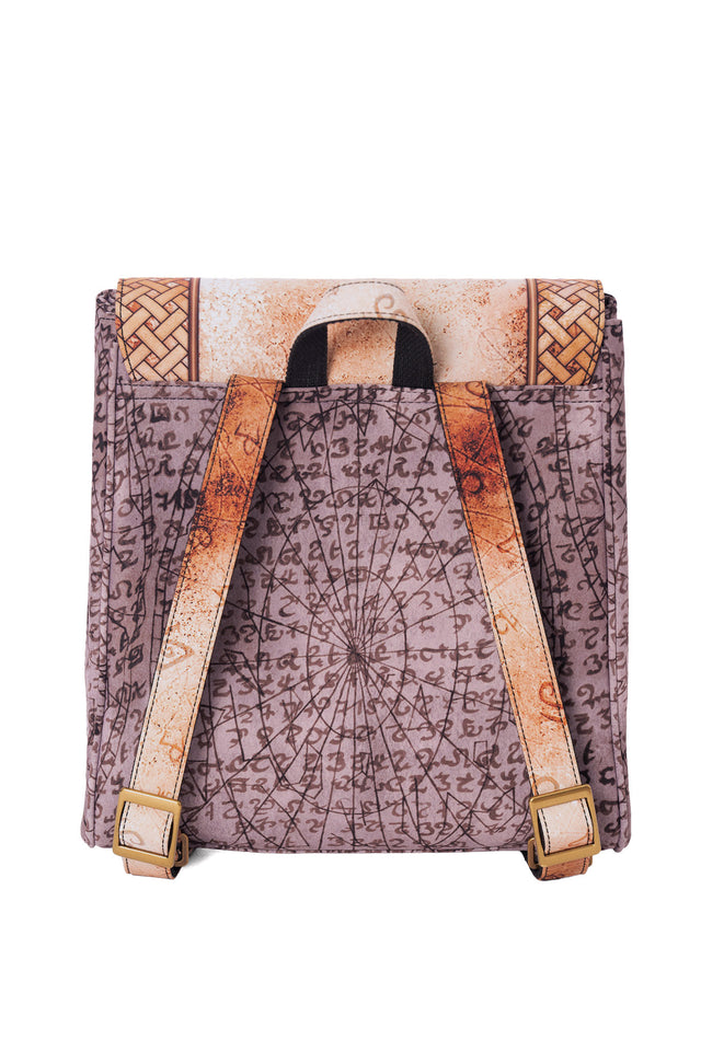 Elder Scrolls clothing accessory backpack with flap closure, strap details, jewel accents and Elder Scroll rune print design