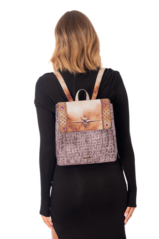 The Elder Scrolls accessory backpack with adjustable straps, front flap closure, decorative jewel studs and Elder Scroll inspired rune artwork