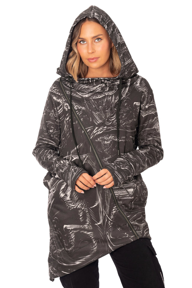 The Elder Scrolls clothing piece featuring Alduin’s Wall hoodie with diagonal zip fastening, hooded neckline and asymmetrical hemline