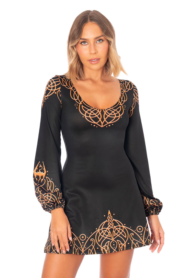 The Elder Scrolls Imperial inspired bell dress with gold filigree print and long sleeves inspired by Cyrodiil fashion