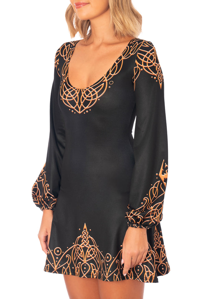 Elder Scrolls fashion dress inspired by Imperial culture with ornate gold patterns and bell silhouette design