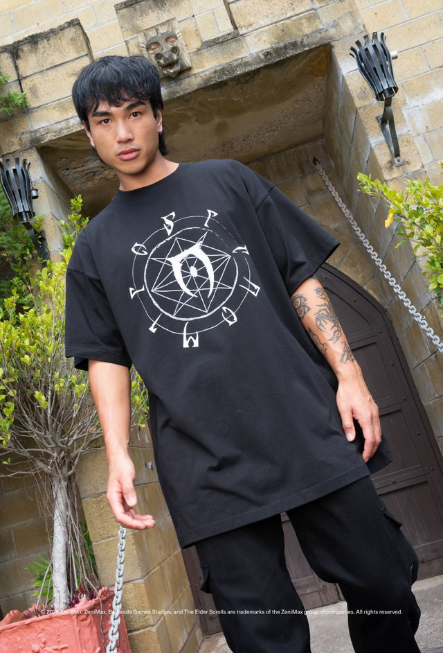 The Elder Scrolls Oblivion oversized tee with Daedric script loading screen symbol and relaxed giant tee fit