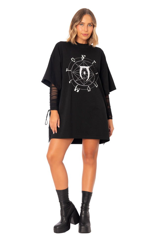 The Elder Scrolls fashion piece featuring giant tee with Oblivion loading symbol and Daedric lettering