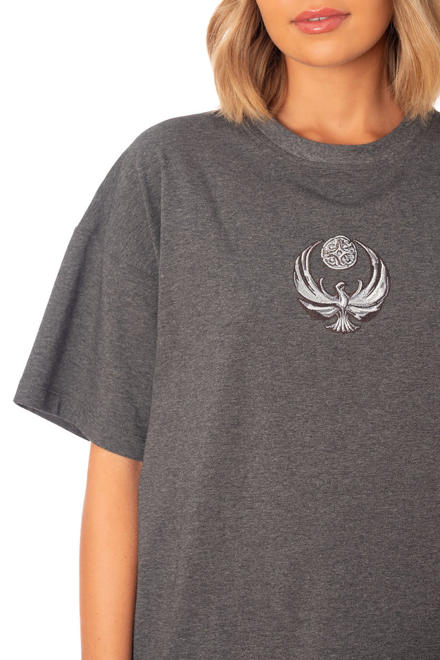 Elder Scrolls fashion oversized t shirt featuring Nightingale Armour emblem, crew neck collar, short sleeves and relaxed fit