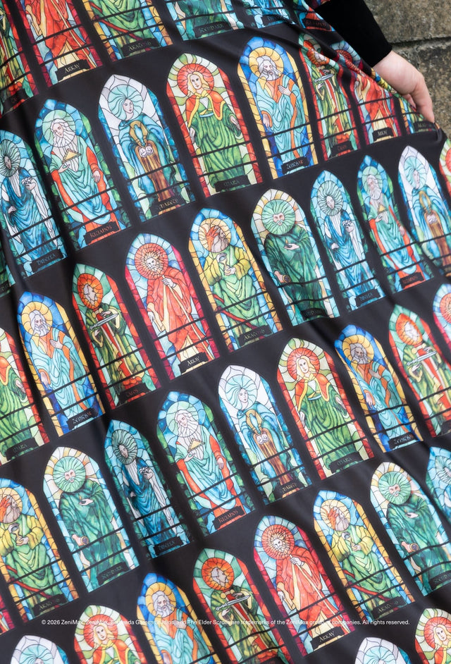 The Elder Scrolls Online clothing inspired skirt with Nine Divines imagery and colourful stained glass pattern