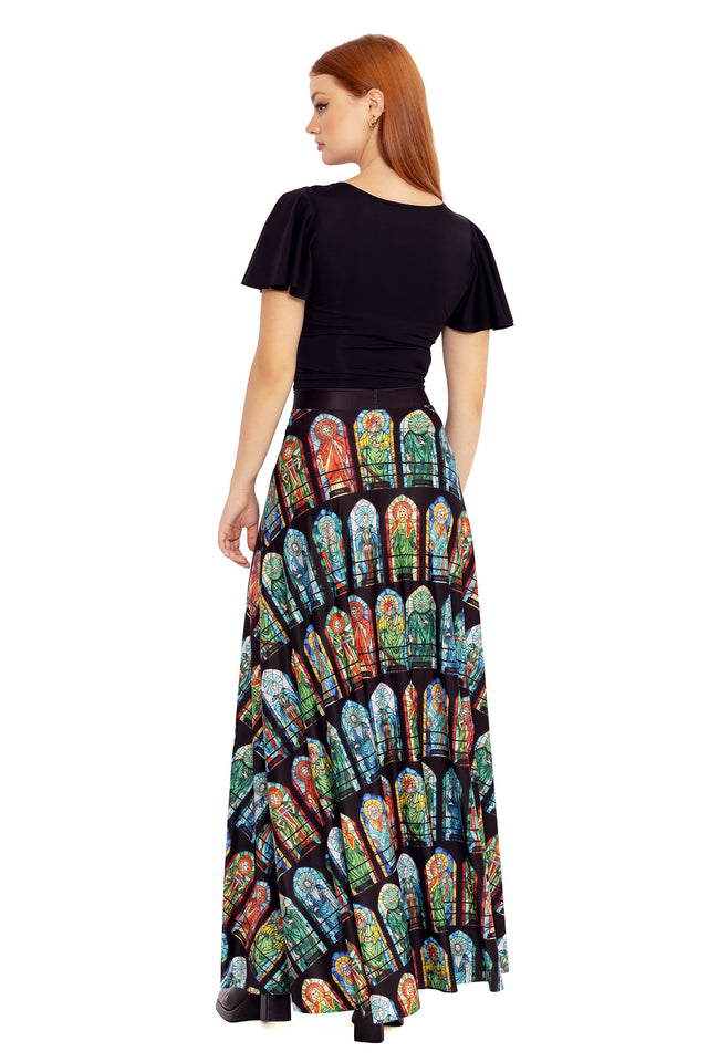 Elder Scrolls clothing maxi skirt inspired by Nine Divines with repeated stained glass imagery and fluid movement