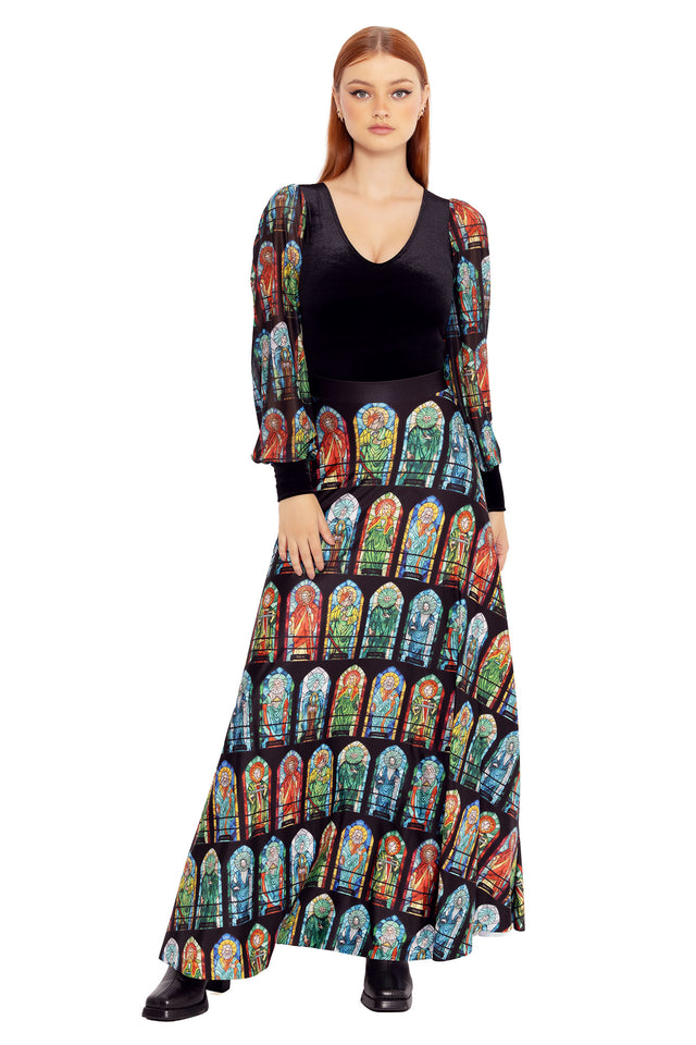The Elder Scrolls clothing piece inspired by Nine Divines with cathedral stained glass print and flowing maxi silhouette